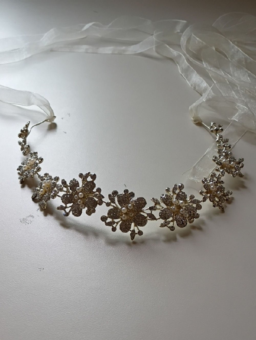 Crystal Floral Ribbon Headband - Silver with Pearls